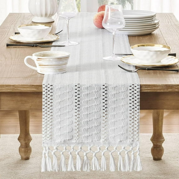 Boho Table Runner, Macrame Style Ivory Table Runners Farmhouse Woven Home Decor, 12x90 Inch, White