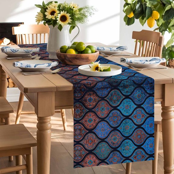Boho Table Runner, Moroccan Trellis Blue Red Black Geometric Flower Texture Washable Kitchen Table Runners Dress Scarves for Dining Table Decorations Party/Restaurant/Indoor Outdoor Use, 13x108in
