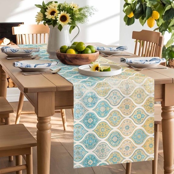 Boho Table Runner, Moroccan Trellis Yellow Argyle Geometric Flower Texture Washable Kitchen Table Runners Dress Scarves for Dining Table Decorations Party/Restaurant/Indoor Outdoor Use, 13x108in
