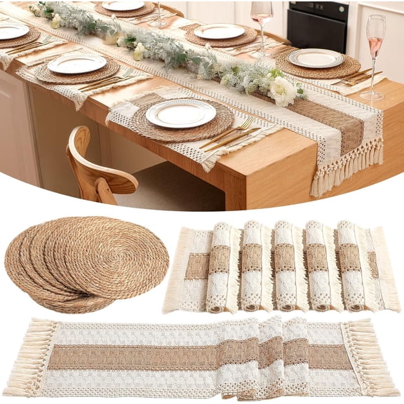 Boho Table Runner and Placemats Set, 6 Sets, Brown, 12x72 | Round Woven Table Mats Macrame Style, Long Table Runner, Farmhouse Rustic Natural Burlap Cotton, for Kitchen Dining Table
