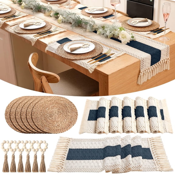 Boho Table Runner & Placemats Set, Blue‑White Farmhouse Woven Decor, 4 /6Rectangular & 4/6Round Wicker Placemats + 4/6 Wooden Bead Napkin Rings, Heat‑Resistant Non‑Slip for Dining Wedding Party