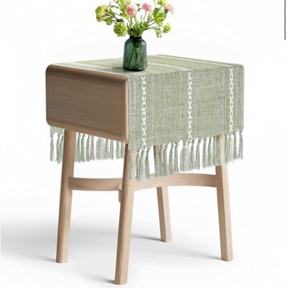 Boho Table Runner Short 15.7 x 36 inch, Spring Sage Green Coffee Table Cover, Green Linen Small Table Cloth, Dresser Runner Scarf for Nightstand, Bedside End Table, Rustic Farmhouse Easter Home Decor