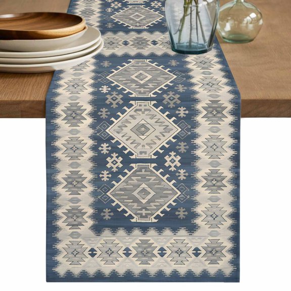 Boho Table Runner, Southwest Ethnic Vintage Tribal Geometric Pattern Blue Grey Cotton Linen Kitchen Table Decoration Washable Dining Tabletop Runners for Home Party Decor 13x90 Inches