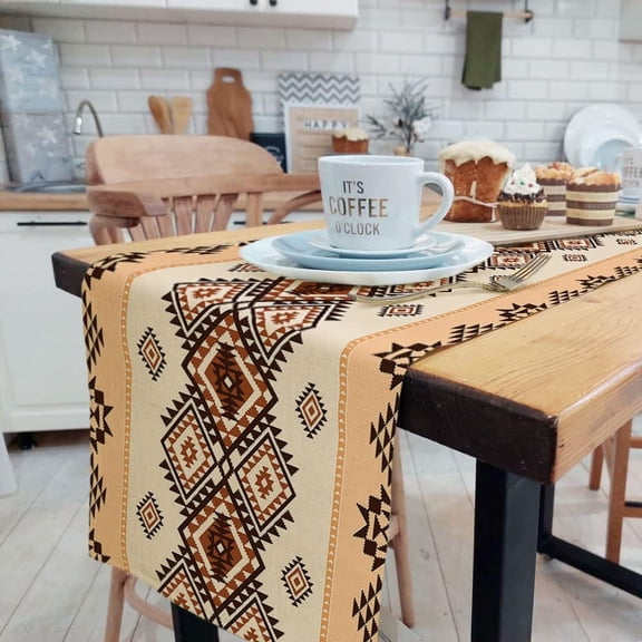 Boho Table Runner, Southwestern Native Tribal American Ethnic Aztec Linen Burlap Table Runners, Farmhouse Table Decor for Kitchen Dining Room Coffee Table 13 x 48 Inches