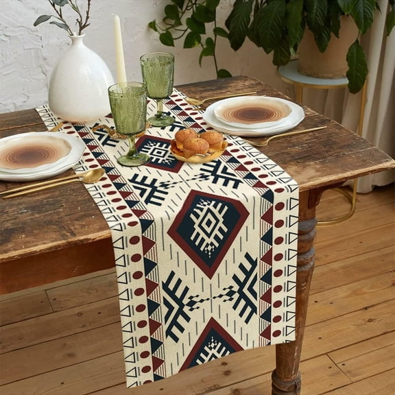 Boho Table Runner, Southwestern Native Tribal Ethnic Linen Burlap Table Runners, Farmhouse Table Decor for Kitchen Dining Room Coffee Table 13 x 48 Inches