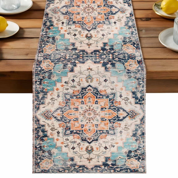 Boho Table Runner, Vintage Medallion Damask Floral Abstract Middle Ages Cotton Linen Table Cloth, Tablerunner for Kitchen Dining Party Wedding Home Decor 13x108 Inch