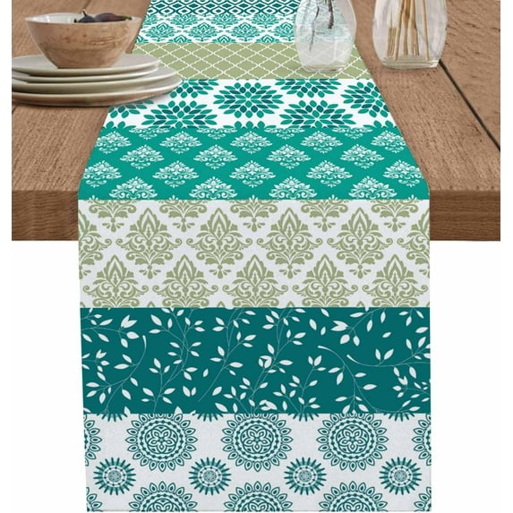 Boho Table Runners 70 inches Long Farmhouse Western Wedding/Coffee Table Runner Stripes Floral Bohemian Kitchen Dinning Table Linen Cloth for Party Indoor Outdoor Decor, Teal Green Aqua