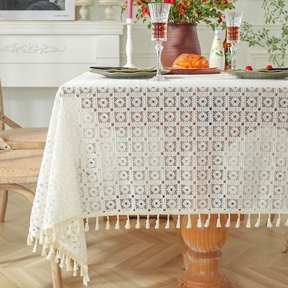 Boho Tablecloth Crochet Tablecloths Stripe Tablecloth with Tassels Lace Beige Rectangle Table Cloth for Wedding Kitchen Dinning Tabletop Decoration