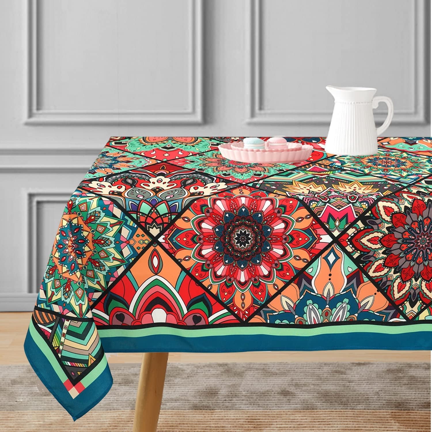Boho Tablecloth Oblong/Rectangle 60 x 120 Inch Washable Reusable Waterproof Table Cloth -Medallion Geometric Plaid Bohemian Morocco Tile Print Table Cover for Dining Room, Tabletop Decoration