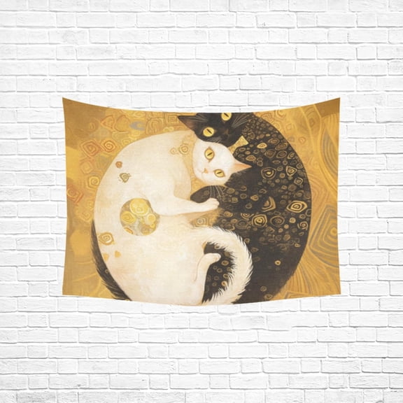 Boho Tai Chi White And Black Cats Tapestry Wall Hanging for Bedroom Dorm 40x30 Inches