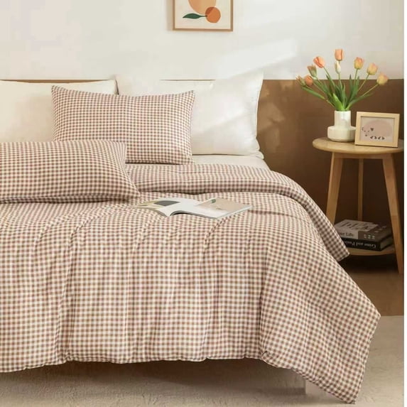 JJCOITR Boho Tan Gingham Full Comforter Set Modern Style Taupe Plaid Buffalo Bedding Set Checked Bed Set 3 Pieces for All Season