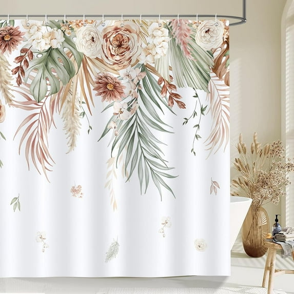 Boho Tan Leaf Floral Shower Curtain for Bathroom Brown Tropical Palm Leaves Flower Decorative Bath Curtain 72 x 72 Inch Polyester Fabric Waterproof Bathroom Curtain with 12 Hooks