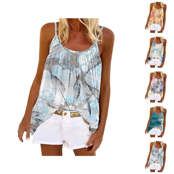 Boho Tank Tops for Women Summer Casual Loose Fit Spaghetti Strap Pleated Front Scoop Neck Camisole Tanks