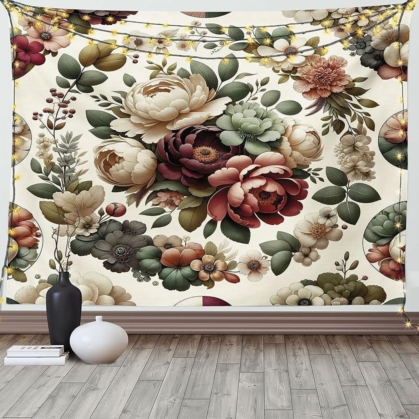 Boho Tapestry, Medieval Esoteric Themed Leafy Sunflowers Ornated Moon