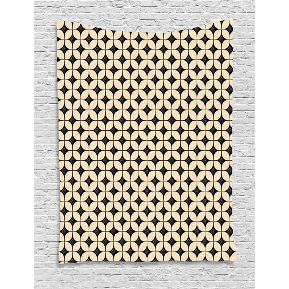 Boho Tapestry, Repetitive Vintage Composition of Round and Intricate Squares, Wall Hanging for Bedroom Living Room Dorm Decor, 40W X 60L Inches, Beige and Charcoal Grey, by Ambesonne