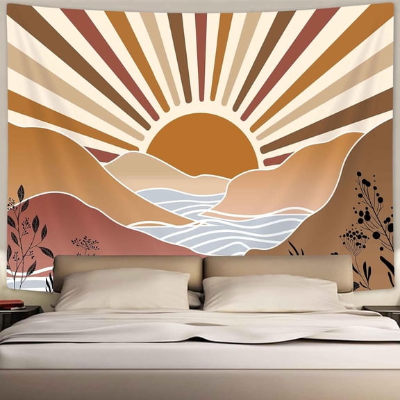 Boho Tapestry Wall Hanging for Bedroom Aesthetic, Cute 70s Abstract Sun Mountain Tapestries for Living Room, Retro Wall Tapestry for Dorm Room Classroom Decor 80x60 Inch