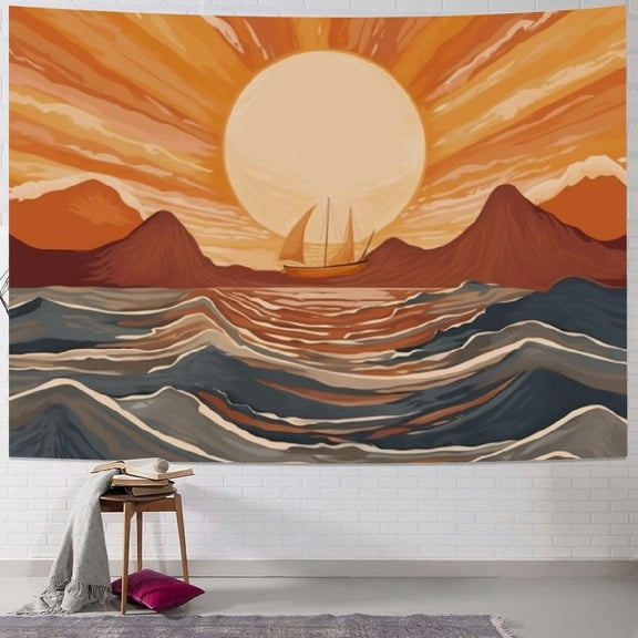 Boho Tapestry Wall Hanging, Vintage 70s Rainbow Sun and Sunset Sea Design, Large 40x60 Inch Bohemian Wall Decor for Bedroom, Living Room or Dorm