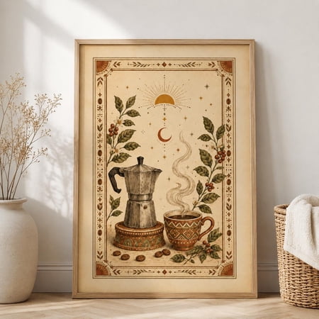 Boho Tarot Coffee Print Mystical Kitchen Decor Cottagecore Espresso Poster Vintage Moka Pot Cafe Wall Art Coffee Lover Gift