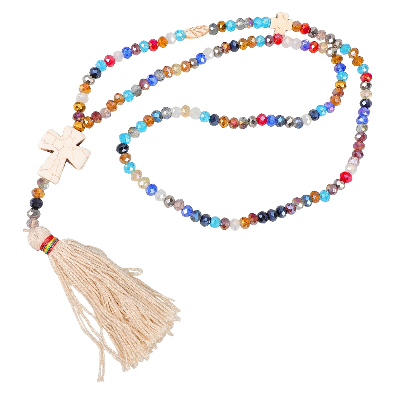Handmade Long Tassel Fringe Necklace – Multicolor Mala Beads With Turquoise & Crystal, 31 Inch Boho Statement Necklace For Women