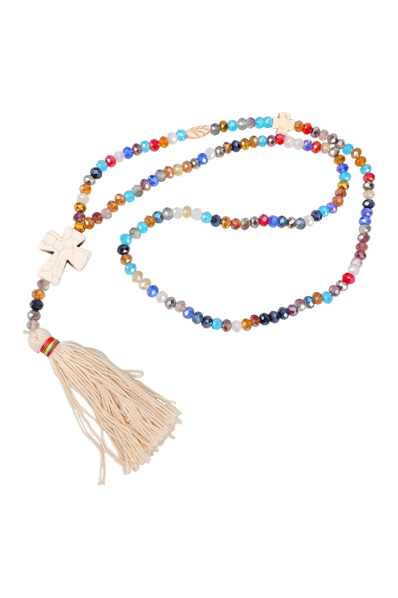 Boho Tassel Agate Pendant Beaded Necklace Handmade Gemstones Cross