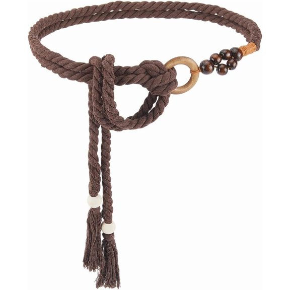 Boho Tassel Belt Rope Brown Waist Belt Cotton Handmade Weaving Bead Ring Macrame Woven Long Skinny Apparel Decorative Chain