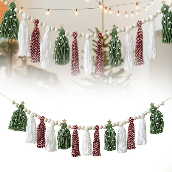 Boho Tassel Christmas Garland, Ongmies , Tassel Beaded Garland with Wood Beads – Macrame Fringe Trim for Christmas Home Decor, Curtains & Tablecloths, Christmas Party Decorations