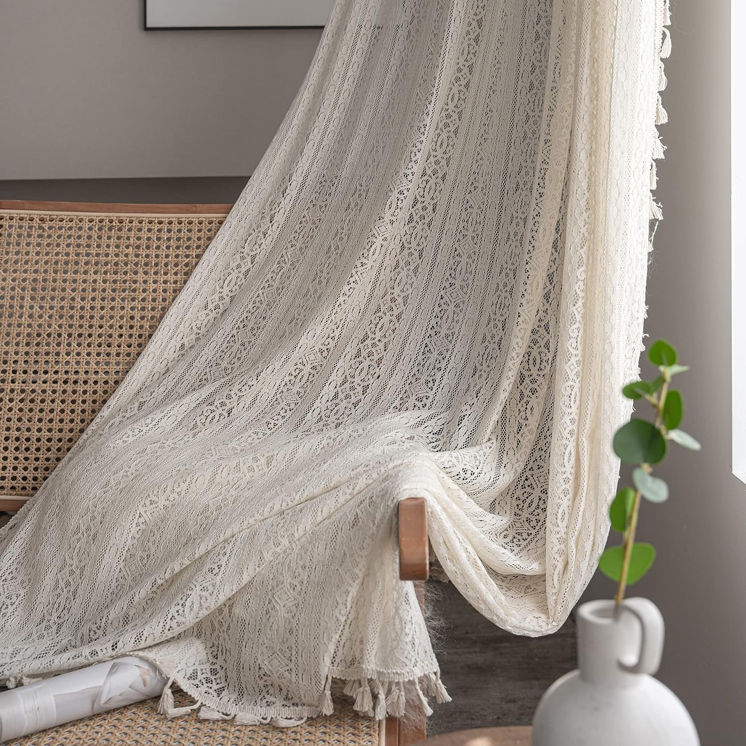 Boho Tassel Crochet Curtains for Living Room,Vintage Rod Pocket Bohemian Curtains Geometry Striped Knitted Lace Light Filtering Curtains for Bedroom Bay Kids Beige Knitted Lace 02 150*200cm