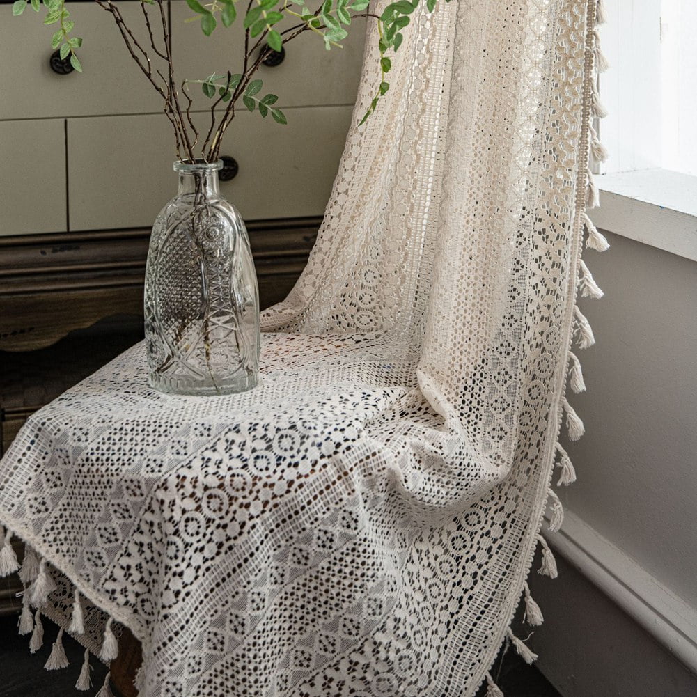 Boho Tassel Crochet Curtains for Living Room,Vintage Rod Pocket Bohemian Curtains Geometry Striped Knitted Lace Light Filtering Curtains for Bedroom Bay Kids Beige Knitted Lace 150*180cm