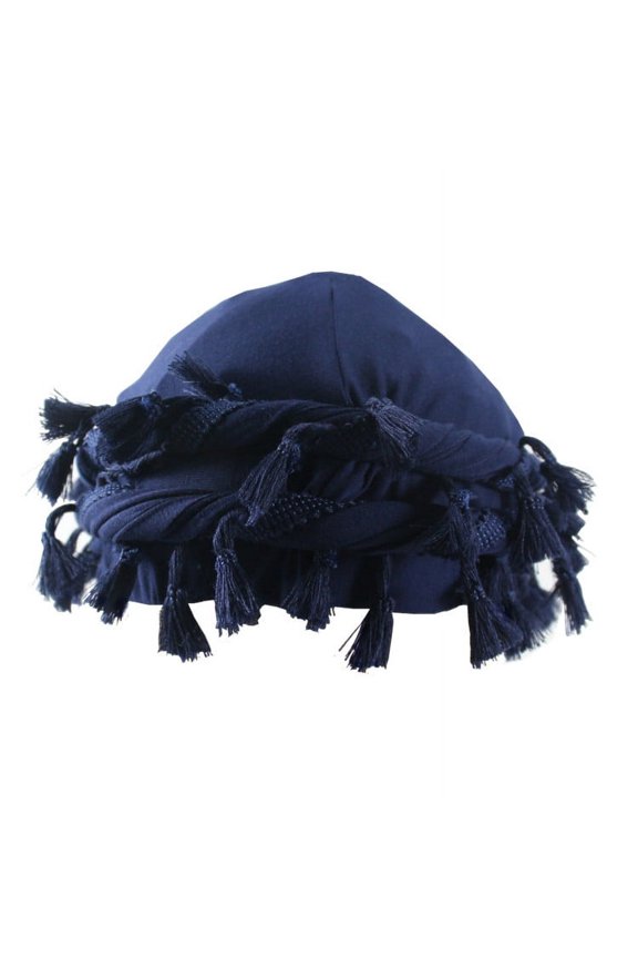 Boho Tassel Fringe Slouchy Beanie, Vintage Ethnic Distressed Cotton Skull Cap-Navy Blue