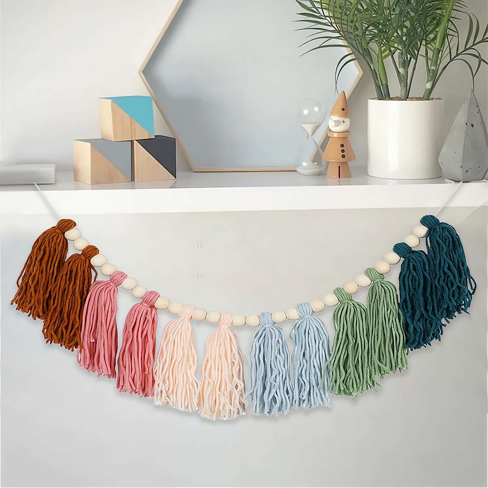 Rainbow Boho Tassel Wall Hanging With Wood Beads - Colorful - View #9