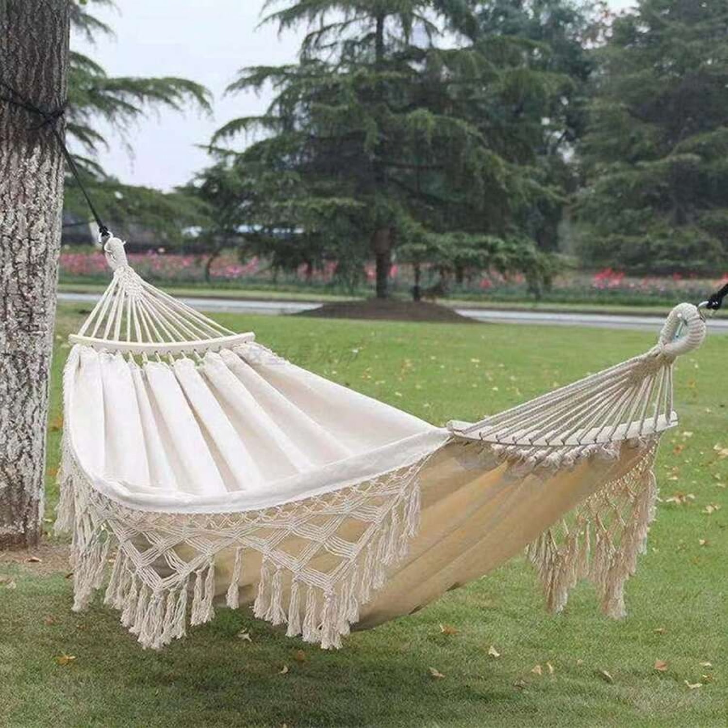Boho Tassel Hammock - Large Portable 2-Person Double Boho Hammocks With Tassels, Portable Rope Hamaca Swing With Travel Bag For Outside, Porch, Garden, Patio, Backyard, Up To 500lbs Beige