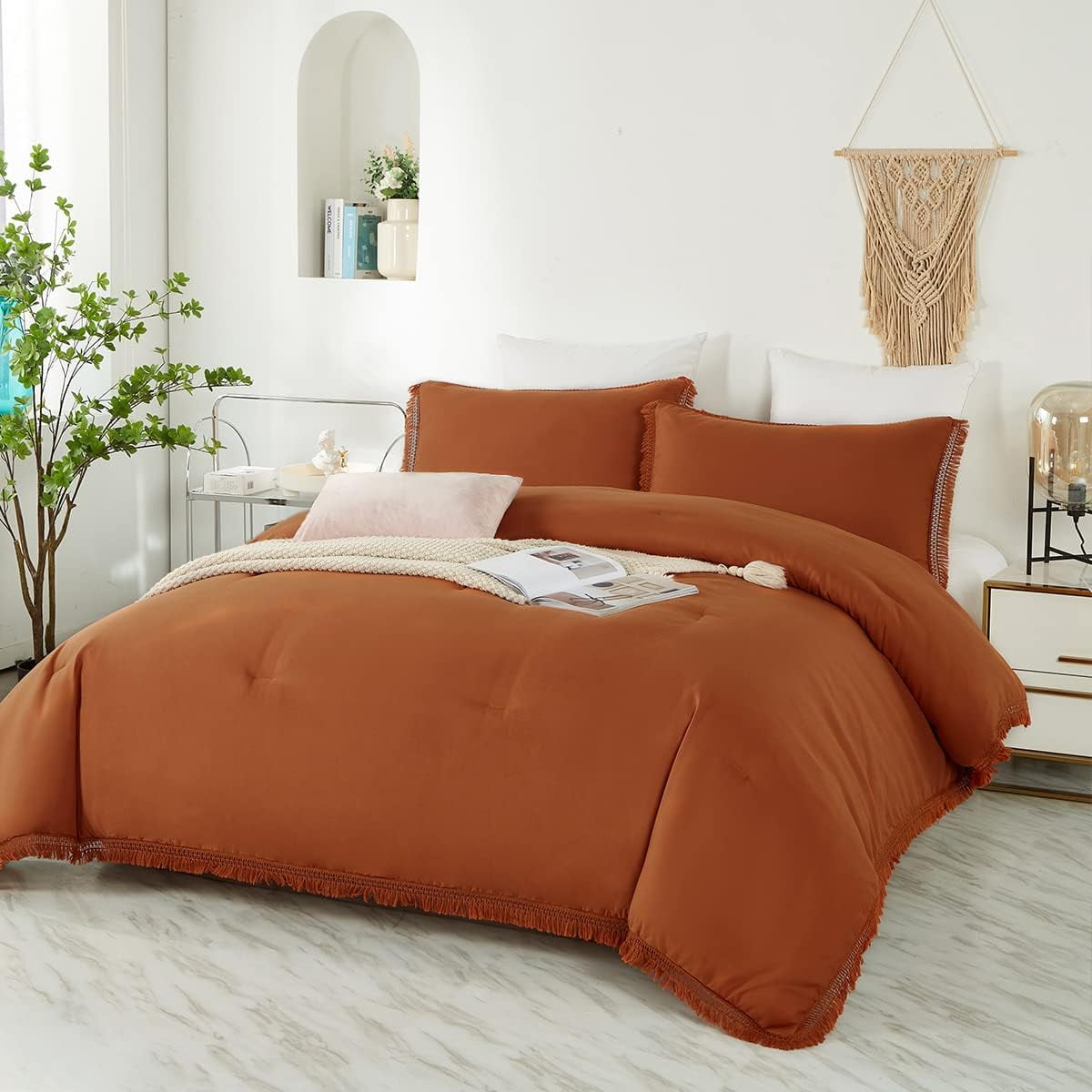 Boho Tassel Lightweight Bed Comforter Terracotta Burnt Orange Bedding