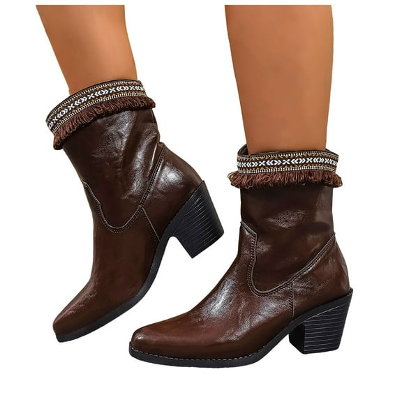 Boho Tassel Mid Calf Cowboy Boots for Women Ethnic Fringe Leather Pointed Toe Mid Heel Dress Cowgirl Boots