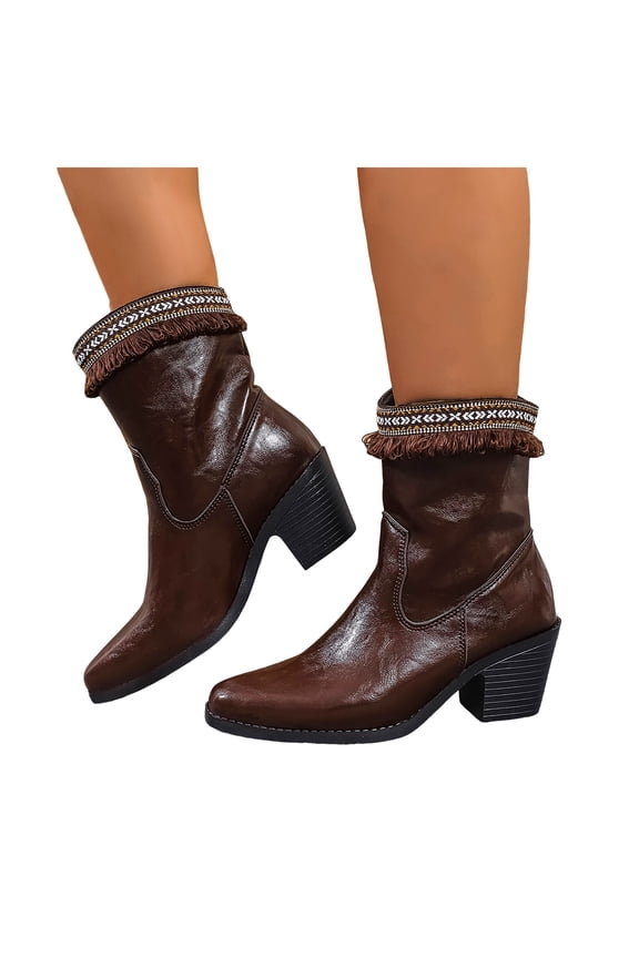 Boho Tassel Mid Calf Cowboy Boots for Women Ethnic Fringe Leather Pointed Toe Mid Heel Dress Cowgirl Boots