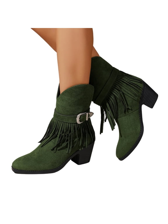 Boho Tassel Short Boots, Women's Suede Tassel Chunky Block Heel Ankle Boots Fashion Elegant Round Toe Low Heel Booties With Adjustable Buckle Comfort Casual Slip On Dress Short Boots