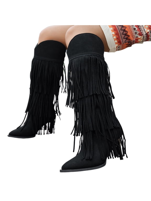 Boho Tassel Tall Boots, Pointed Toe Riding Boots, Vintage Fringe Boots, Fringe Western Boots for Women, Womens Fringe Western Boots Fashion Hidden Heel Knee-High Boots, Black US-6.5/EU-37