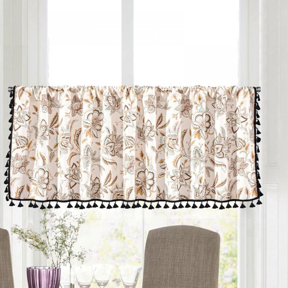 Boho Tassels Kitchen Valances for Windows, Geometric Cotton Linen