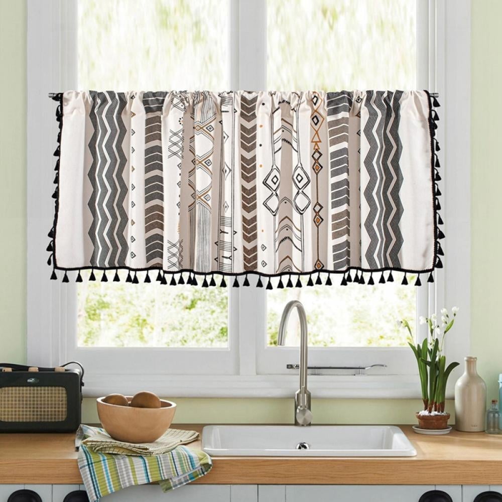 Boho Tassels Kitchen Valances for Windows, Geometric Cotton Linen ...