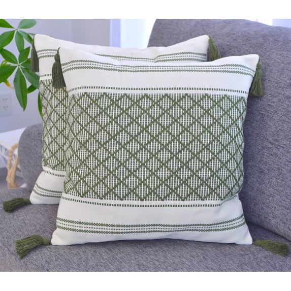 Boho Tassels Throw Pillow Covers Olive Green, 16x16 inch - Set of 2 / Decorative Living Room Plaid Cushion Covers / Designer PillowCases/ Modern Accent Cushion Covers With Woven Checkered Pattern