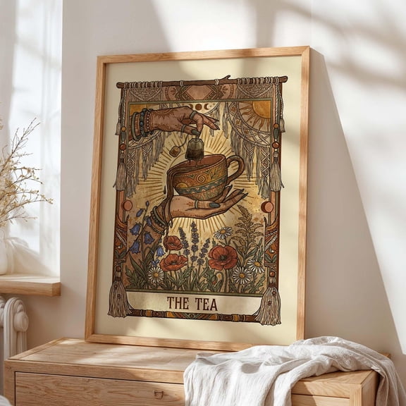 Boho Tea Tarot Card Art Nouveau Botanical Teacup Wall Picture, Unframed Paper Poster 8x10in