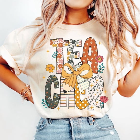 Boho Teacher Shirt, Floral Teacher With Pencil & Bow, Custom Teacher Name Tag Shirt, Back To School Shirt