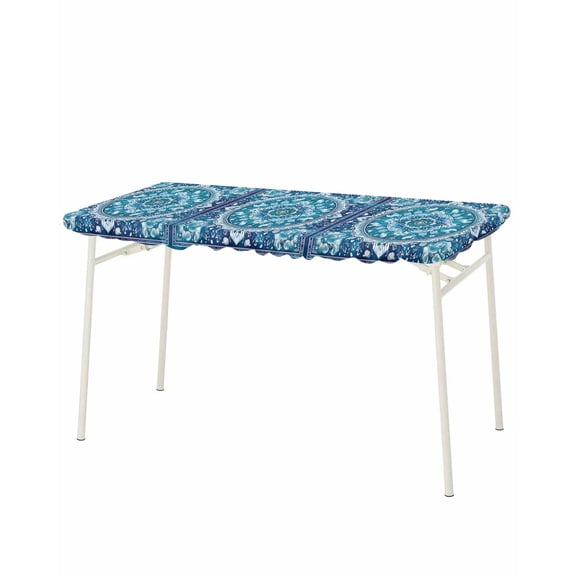 Boho Teal Blue Rectangle Tablecloth, Waterproof Elastic Fitted Table Covers for 8 Foot Tables, 32x96inch Decorative Tablecloths for Picnic, Camping, Outdoor, Abstract Flowers Ethnic Southwestern