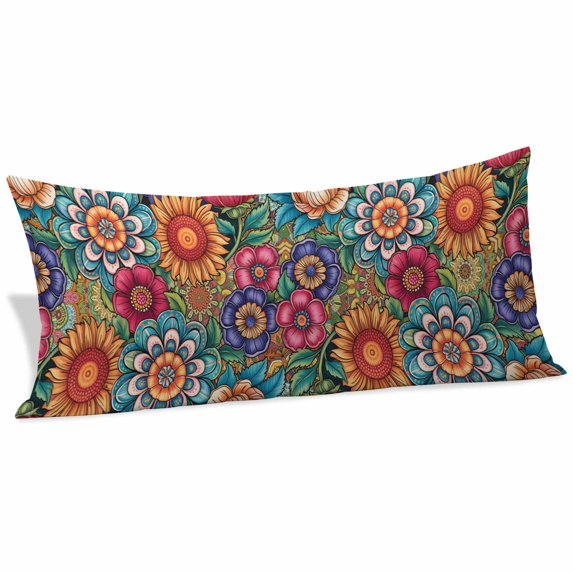 Boho Teal Flower Body Pillow Covers 20"x54", Spring Bohemia Chic Red Yellow Floral Soft Brushed Microfiber Breathable Throw Pillow Covers, Decorative Pillowcase with Zipper for Couch Sofa Bedroom