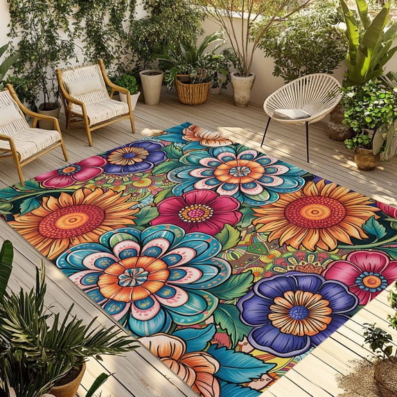 Boho Teal Flower Outdoor Rug 5x8 Ft - Reversible Patio Rug Outdoor Camping Rugs, Spring Bohemia Chic Red Yellow Floral Washable Indoor Outdoor Area Rugs, Non-Slip Outdoor Carpet Runner for Deck/Porch
