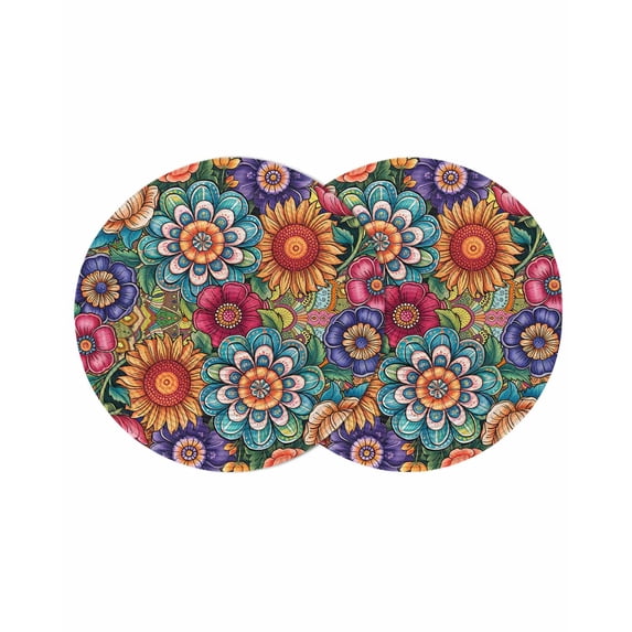 Boho Teal Flower Round 13 Inch Placemats Set of 2, Spring Bohemia Chic Red Yellow Floral HeatResistant Non Slip Place Mats for Dining Table, Wipeable Braided Kitchen Table Mats for Housewarming