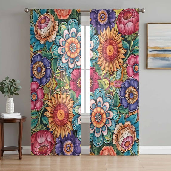 Boho Teal Flower Sheer Curtains 96 Inch Length 2 Panels Set Window Treatments, Spring Bohemia Chic Red Yellow Floral Rod Pocket Semi Curtains for Living Room/Bedroom/Kitchen Décor, 104"W x 96"L