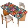 thumbnail image 1 of Boho Teal Flower Table Cloths for 5 Foot Rectangle Tables, Spring Bohemia Chic Red Yellow Floral Patio Waterproof Elastic Fitted Tablecloths, Washable Rectangular Table Cover for Camping, 1 of 8