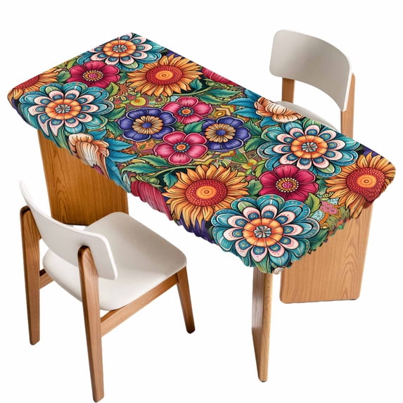 Boho Teal Flower Table Cloths for 5 Foot Rectangle Tables, Spring Bohemia Chic Red Yellow Floral Patio Waterproof Elastic Fitted Tablecloths, Washable Rectangular Table Cover for Camping