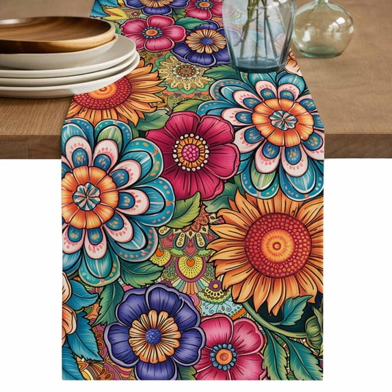 Boho Teal Flower Table Runner 70 Inches, Spring Bohemia Chic Red Yellow Floral Bed Runner Dresser Scarves Tabletop for Indoor Outdoor Parties/Ceremony/Banquet, 13" x 70"