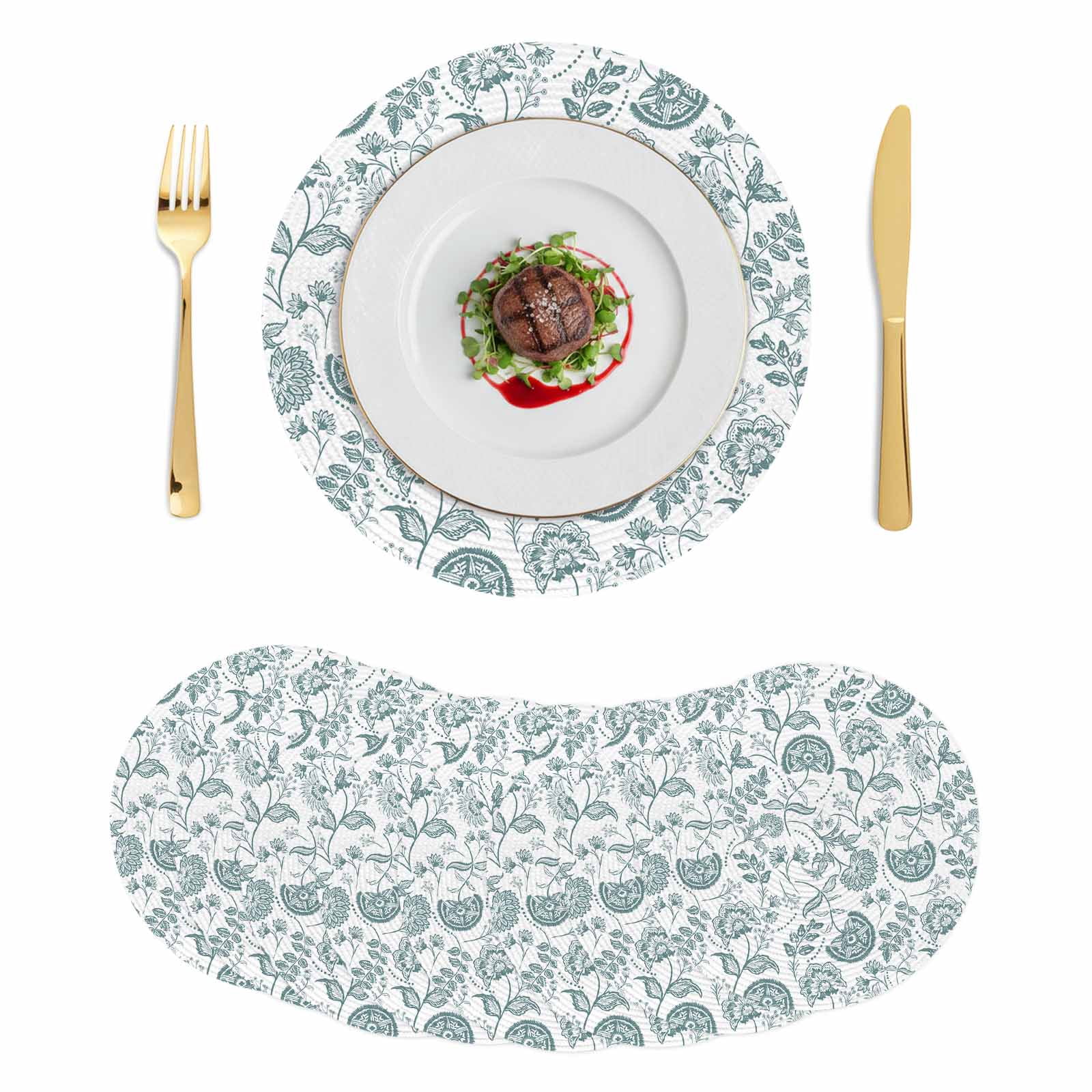 Boho Teal Green Floral Round 13 Inch Placemats Set of 8, Vintage ...